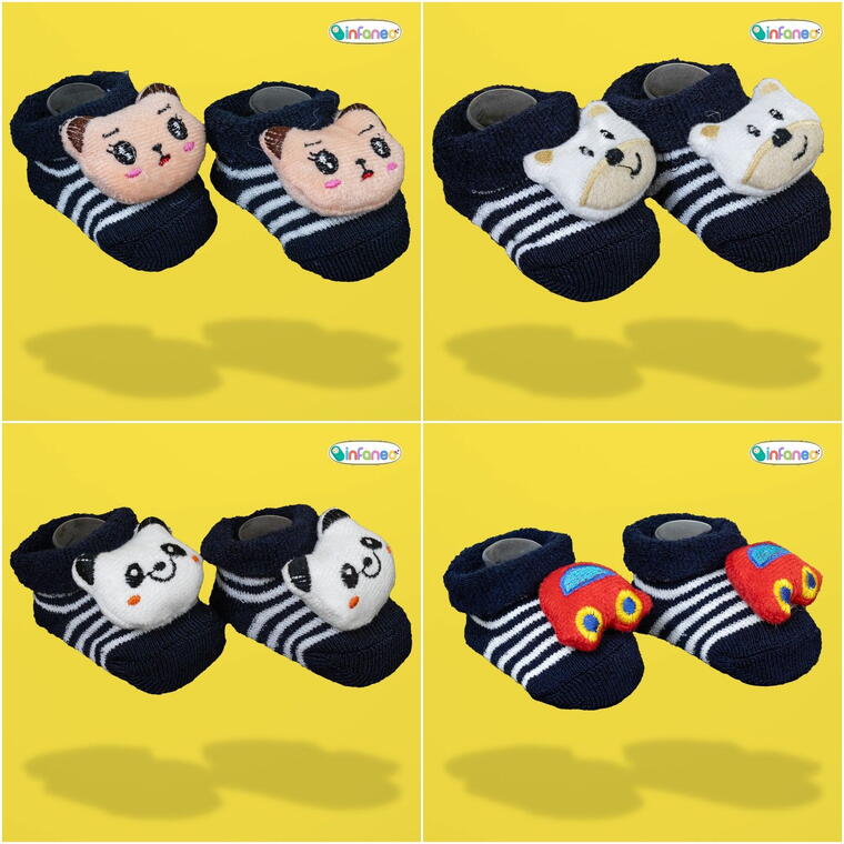 Super Soft Spandex Sock Booties with Cute Plush Face for Newborns, Navy Blue