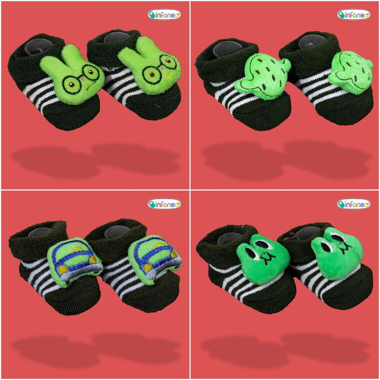 Super Soft Spandex Sock Booties with Cute Plush Face for Newborns, Dark Green