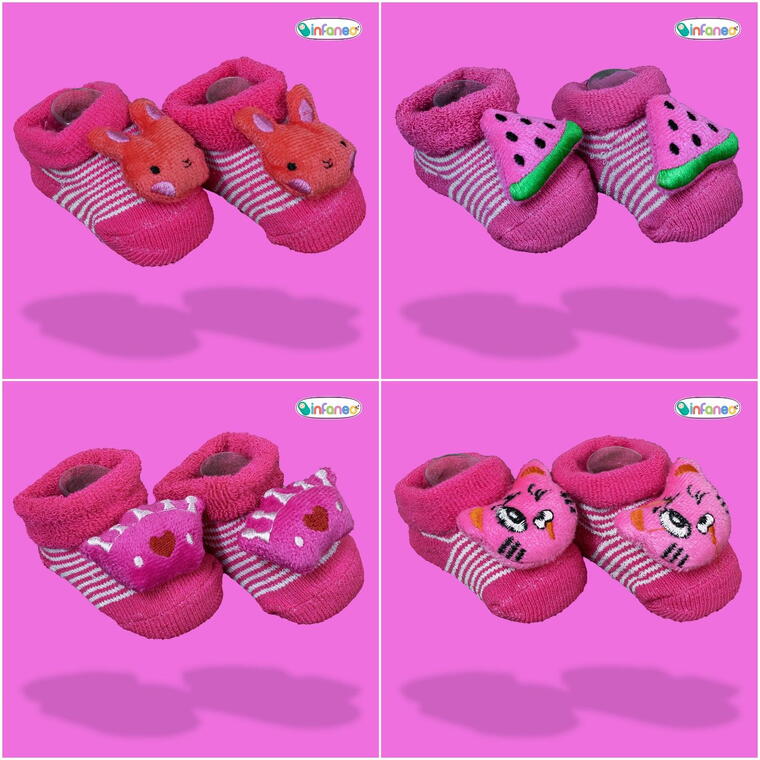 Super Soft Spandex Sock Booties with Cute Plush Face for Newborns, Dark Pink