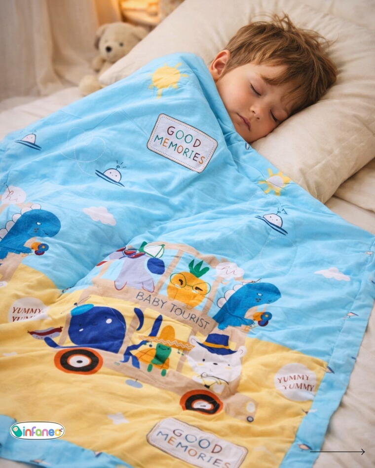 Soft Cotton Reversible Printed Baby Blanket, Good Memories, Blue, 120x150 cm