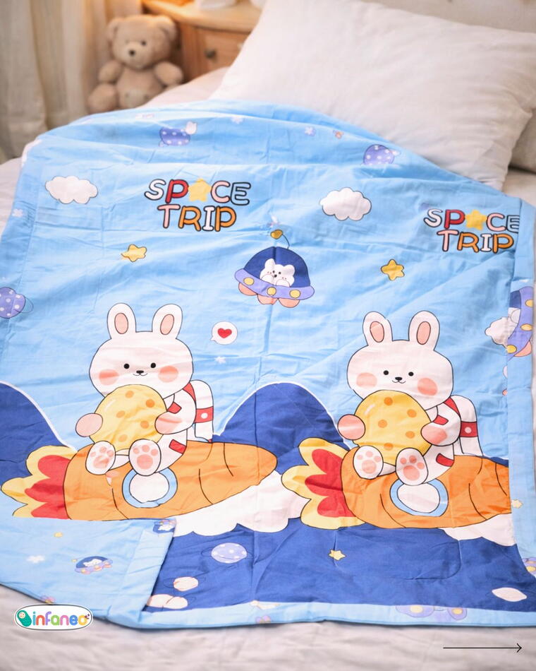 Soft Cotton Reversible Printed Baby Blanket, Bunny Space Trip, Blue, 120x150 cm