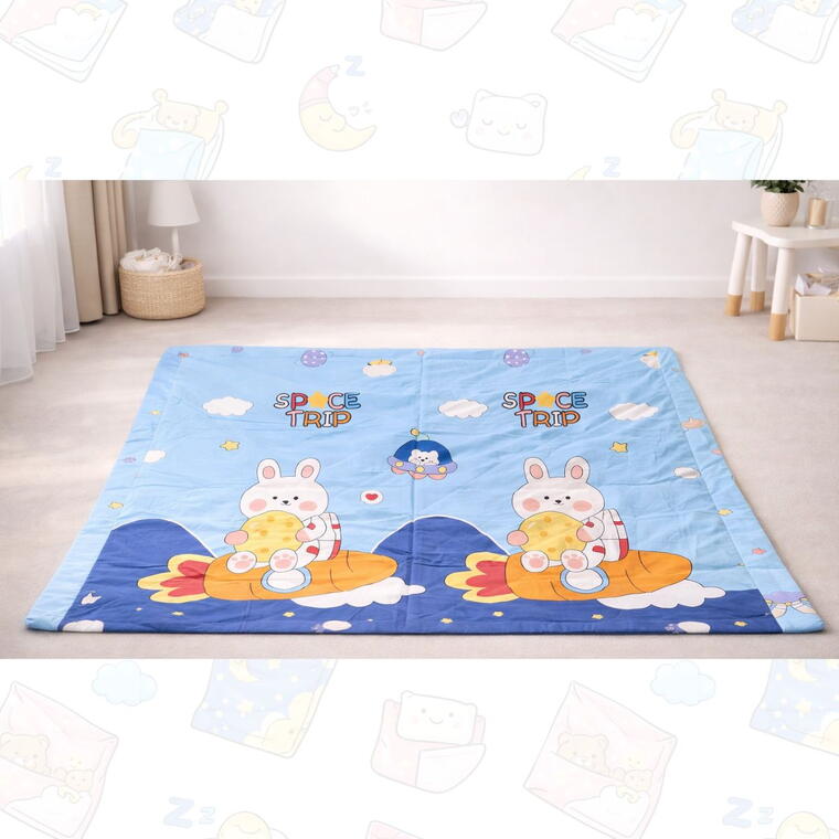Soft Cotton Reversible Printed Baby Blanket, Bunny Space Trip, Blue, 120x150 cm