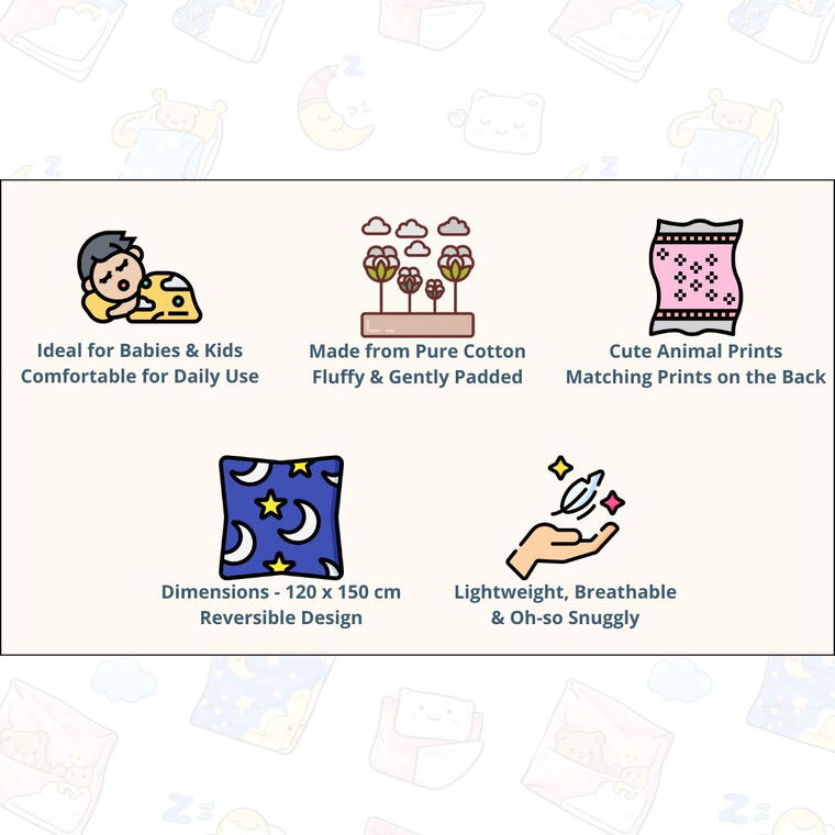 Soft Cotton Reversible Printed Baby Blanket, Bunny Space Trip, Blue, 120x150 cm