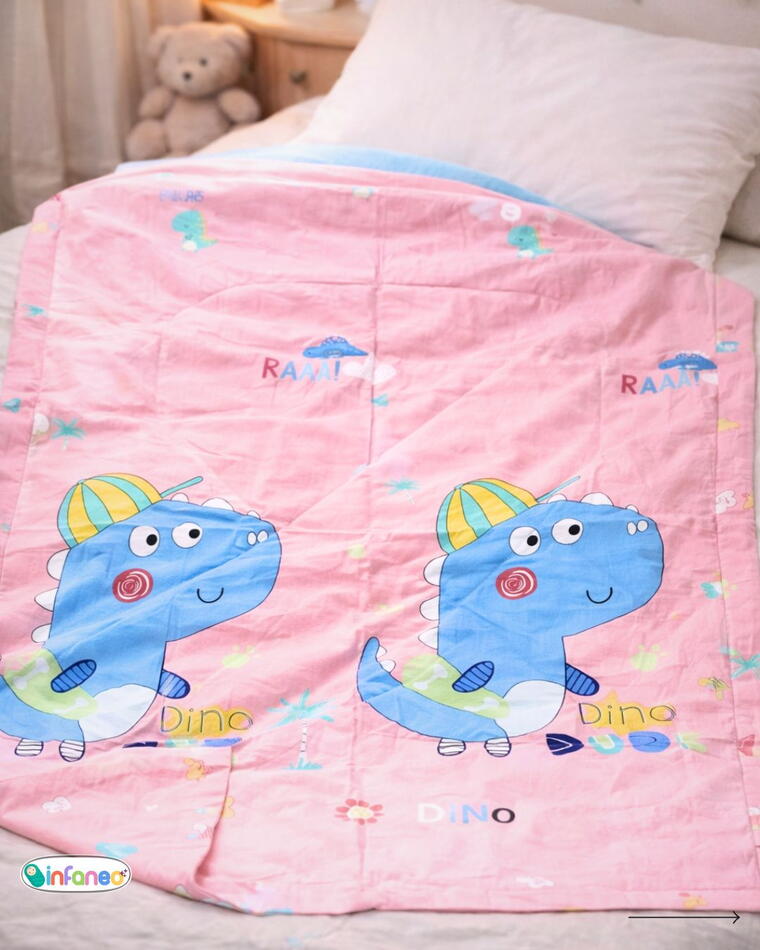 Soft Cotton Reversible Printed Baby Blanket, Crazy Dinos, Pink, 120x150 cm