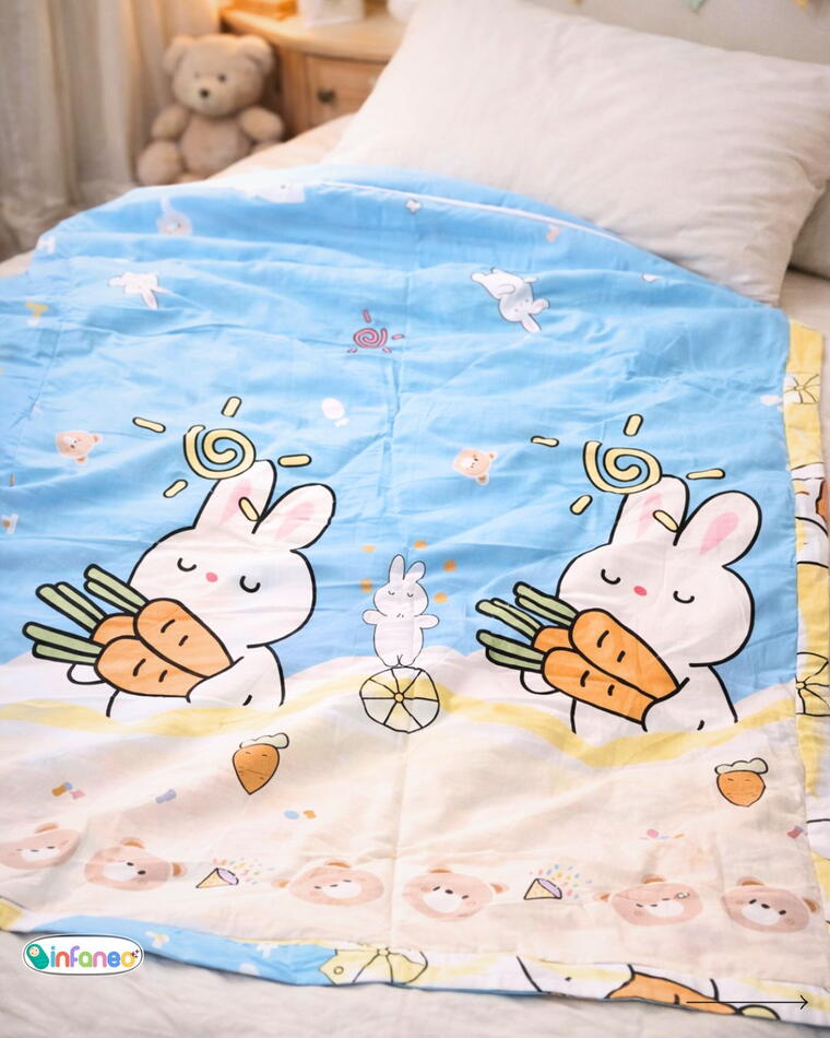 Soft Cotton Reversible Printed Baby Blanket, Rabbit Carrot, Blue, 120x150 cm