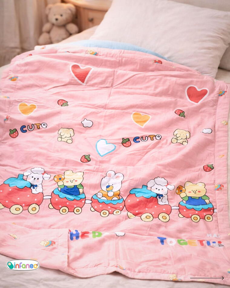 Soft Cotton Reversible Printed Baby Blanket, Animals Train, Pink, 120x150 cm
