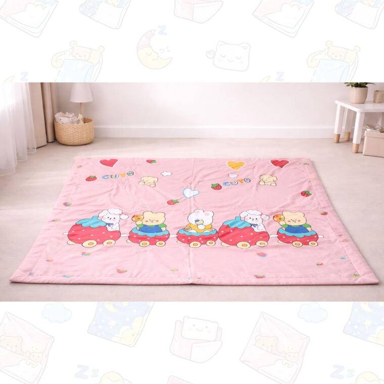 Soft Cotton Reversible Printed Baby Blanket, Animals Train, Pink, 120x150 cm