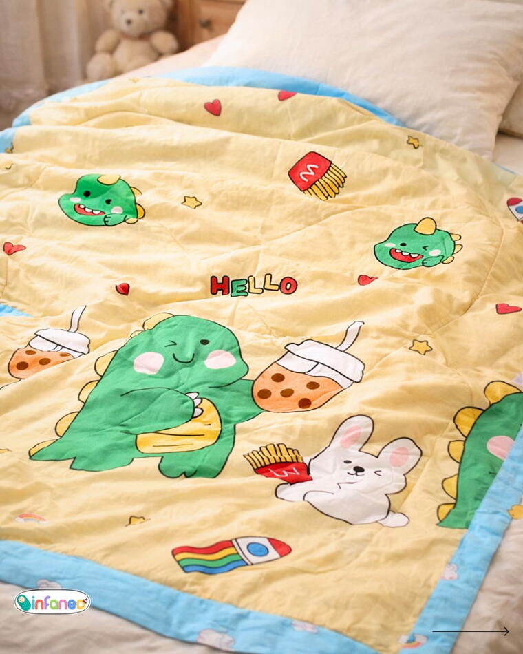 Soft Cotton Reversible Printed Baby Blanket, Happy Dinosaur, Yellow, 120x150 cm