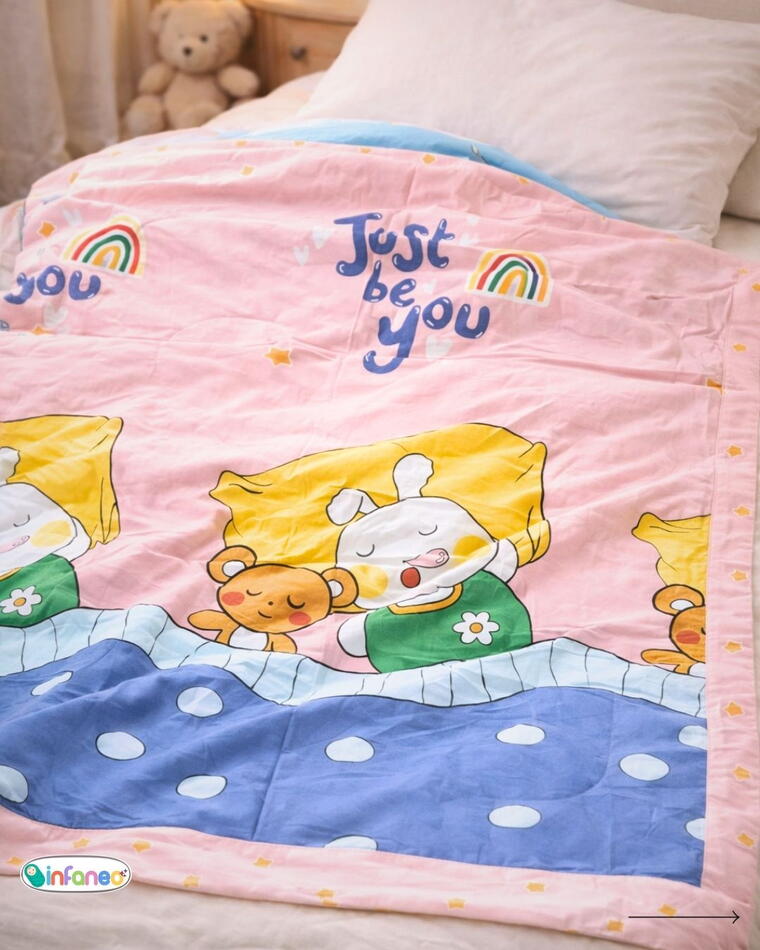 Soft Cotton Reversible Printed Baby Blanket, Sleeping Teddy, Pink, 120x150 cm