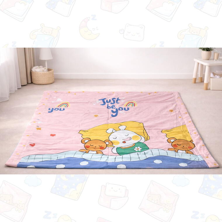 Soft Cotton Reversible Printed Baby Blanket, Sleeping Teddy, Pink, 120x150 cm