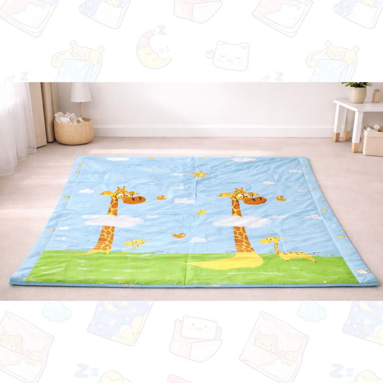 Soft Cotton Reversible Printed Baby Blanket, Giraffe in Cloud, Blue, 120x150 cm
