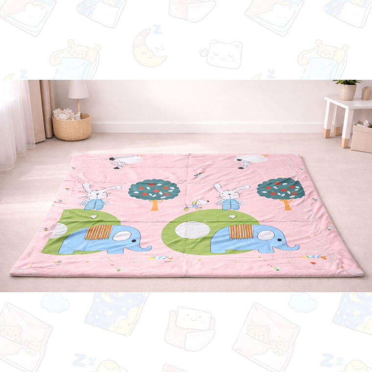 Soft Cotton Reversible Printed Baby Blanket, Happy Elephant, Pink, 120x150 cm