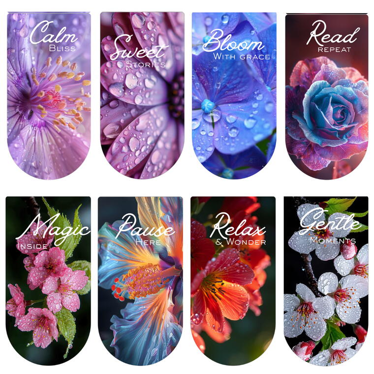 GLOBEADO Magnetic Bookmarks, Floral Designs, Set of 8, Strong Magnet Clip