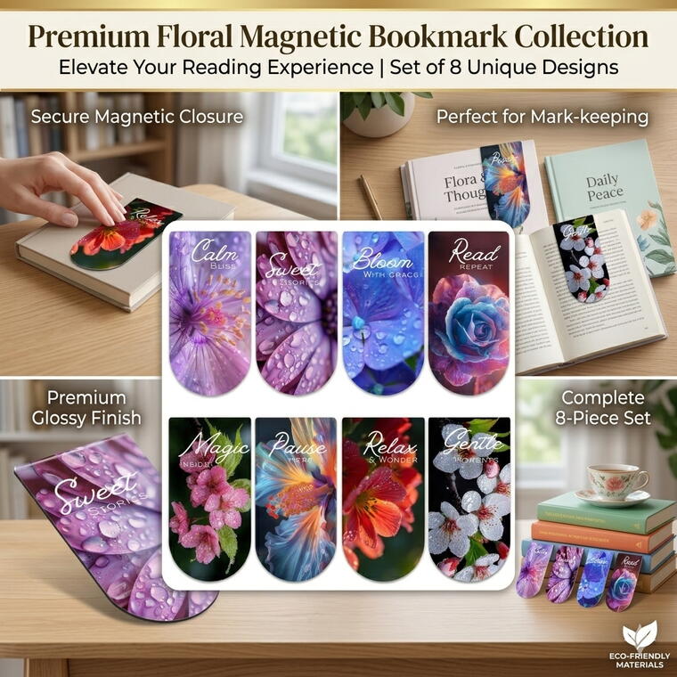 GLOBEADO Magnetic Bookmarks, Floral Designs, Set of 8, Strong Magnet Clip