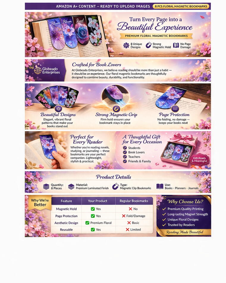 GLOBEADO Magnetic Bookmarks, Floral Designs, Set of 8, Strong Magnet Clip