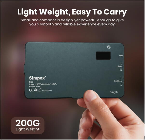 Simpex RGB Pocket LED Video Light 4000mAh Battery, 2500K-9900K Adjustable Color