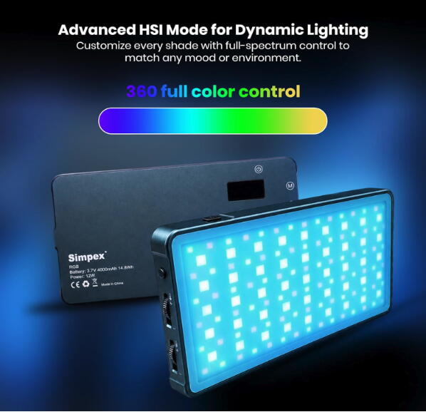 Simpex RGB Pocket LED Video Light 4000mAh Battery, 2500K-9900K Adjustable Color