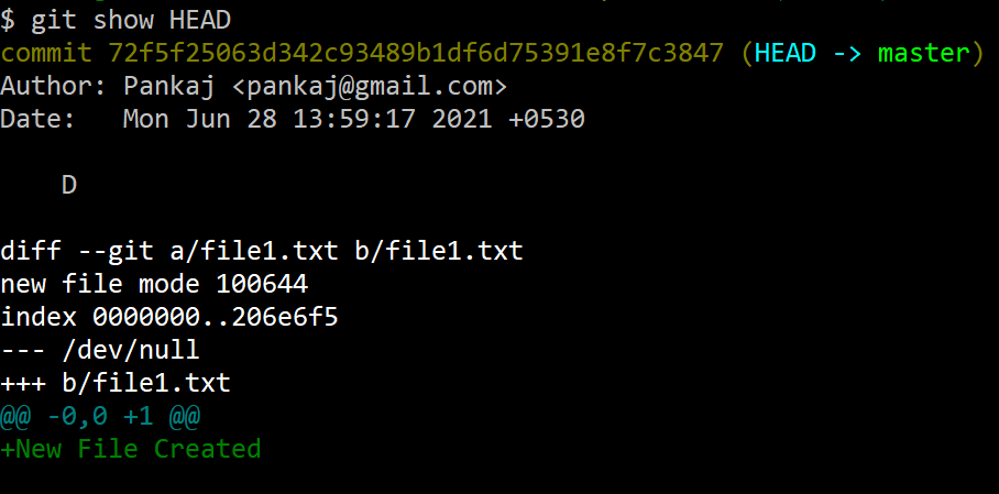 Viewing the commit information to which the HEAD points.