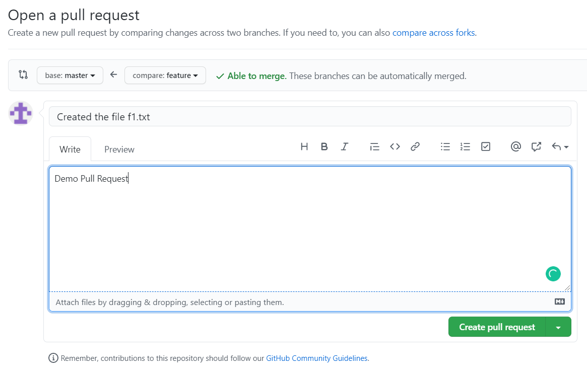 Add a description and click on the Create Pull Request button