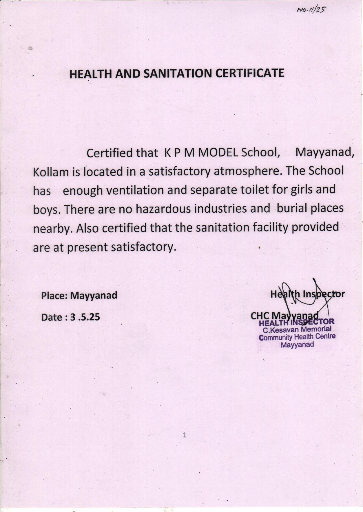Sanitation Certificate
