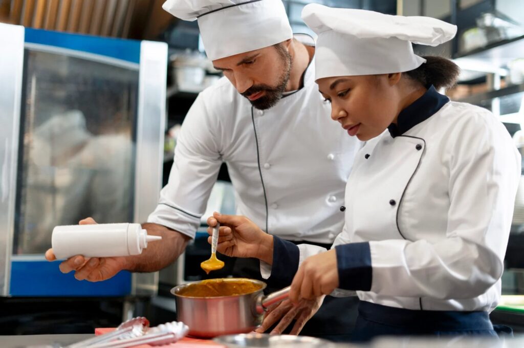 Student learning patisserie and bakery skills during a culinary internship in France.