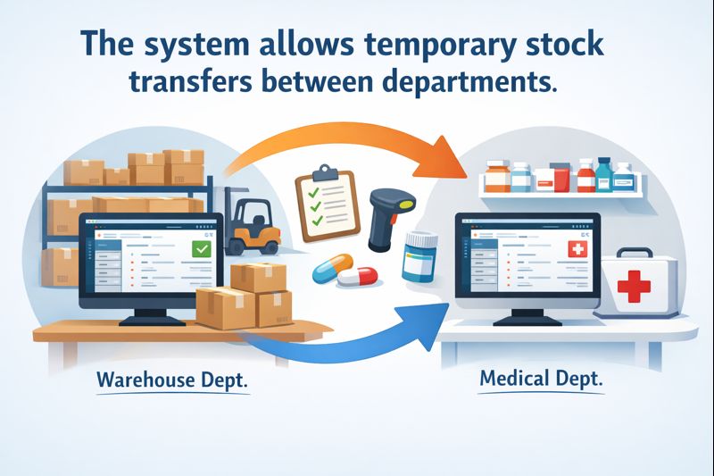 Does the system allow temporary stock transfers between departments?