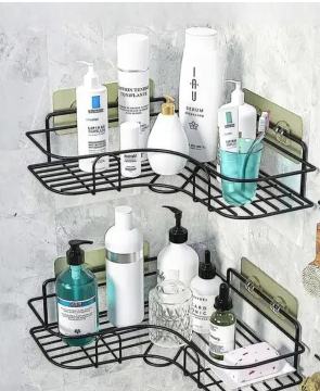 Black Metal Wall-Mounted Bathroom Shelf Organiser with Adhesive