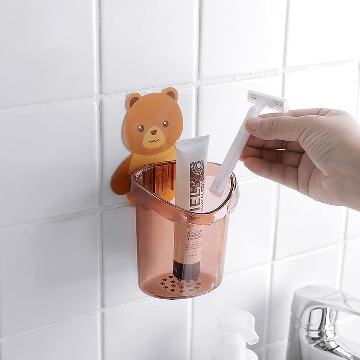 Teddy Bear Shaped  Plastic Toothbrush Holders Waterproof Self Adhesive