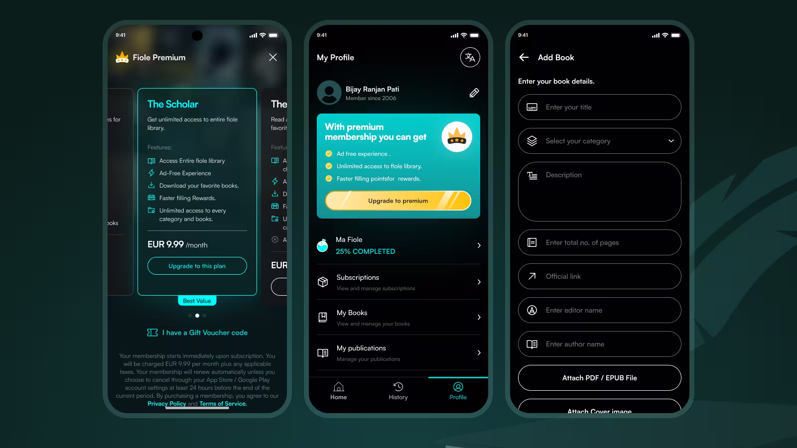 Fiole app screens