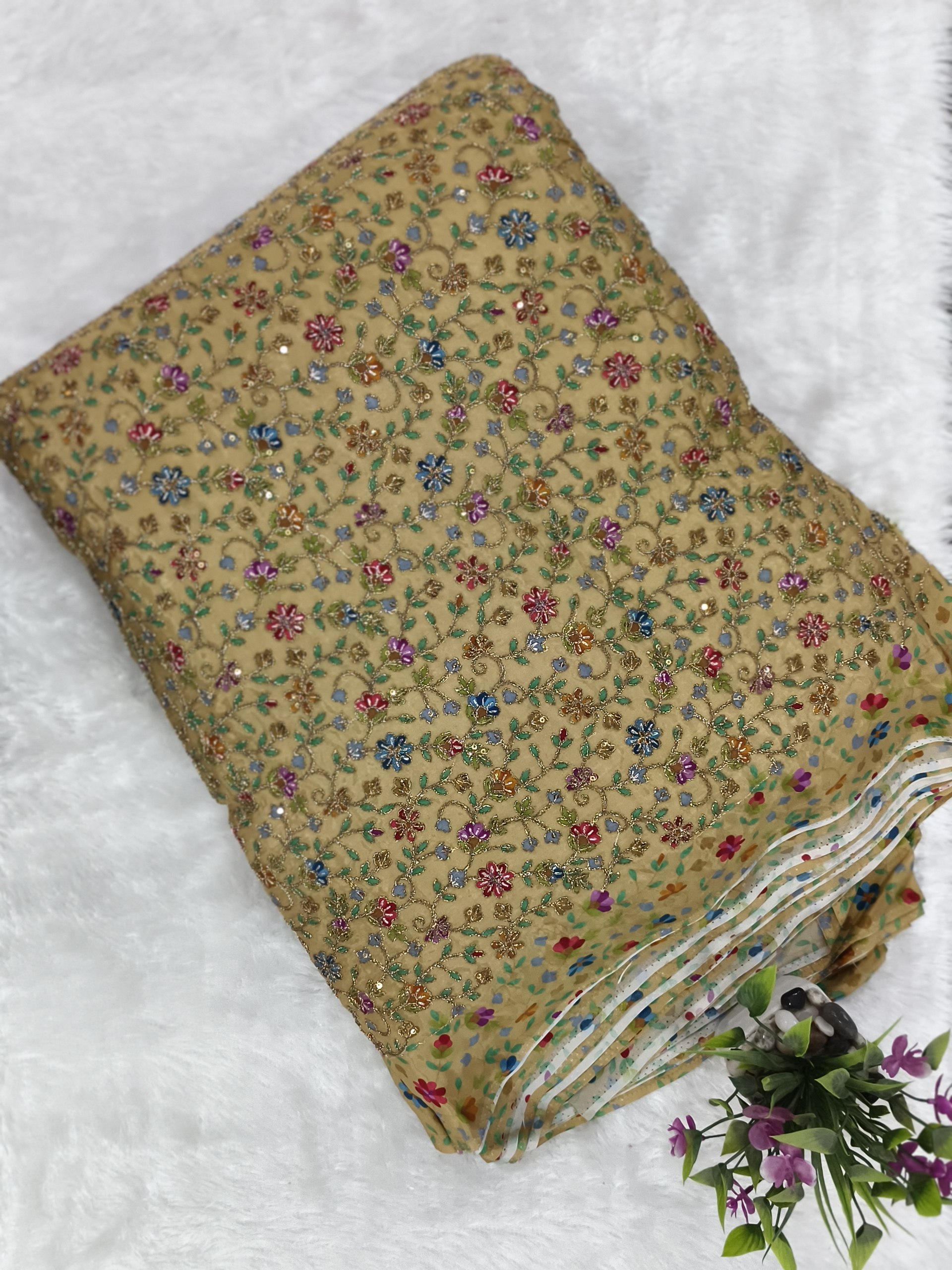 Natural Crape Small Flower Fabric (KF799)