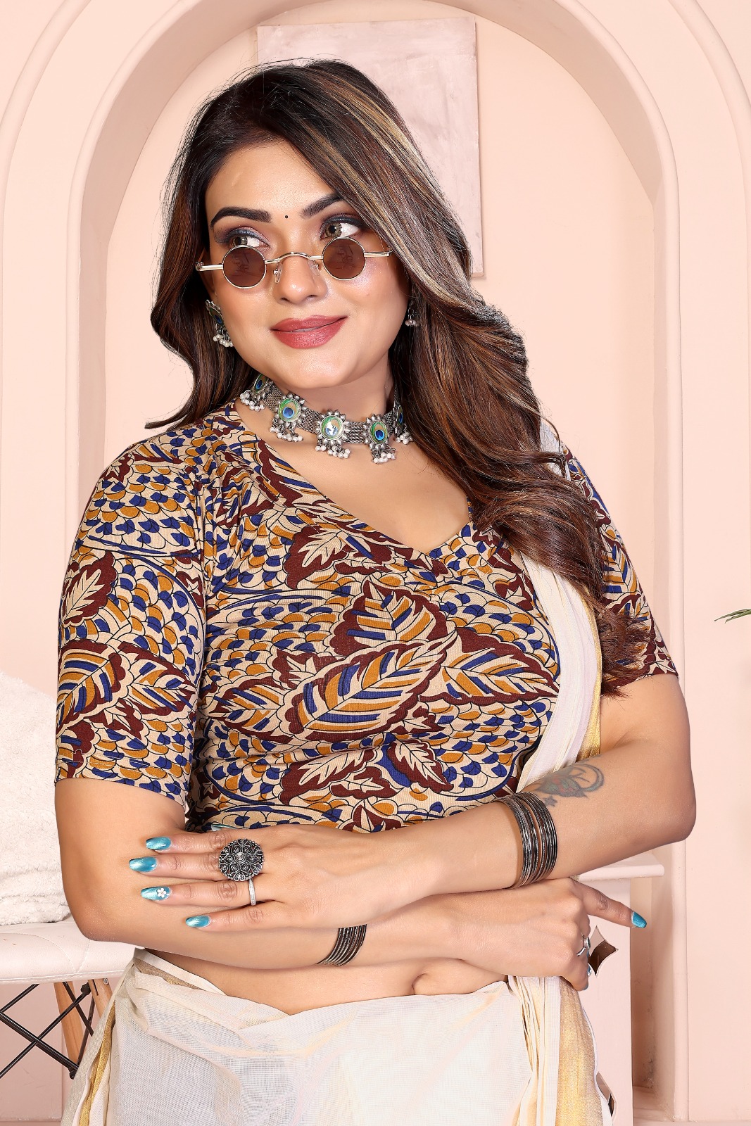 Kalamkaari Stretchable Hi-Neck Blouse (HSBXL)