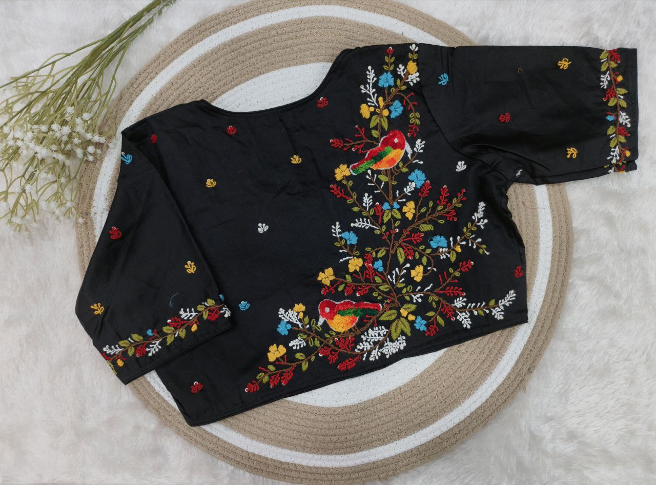 Kantha Work Cotton Silk Hi Neck Blouse (LD1200R)