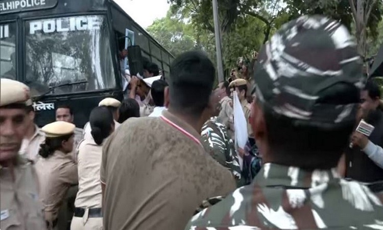 Indian Youth Congress workers protest outside Nadda’s residence in Delhi over his remarks against Rahul Gandhi