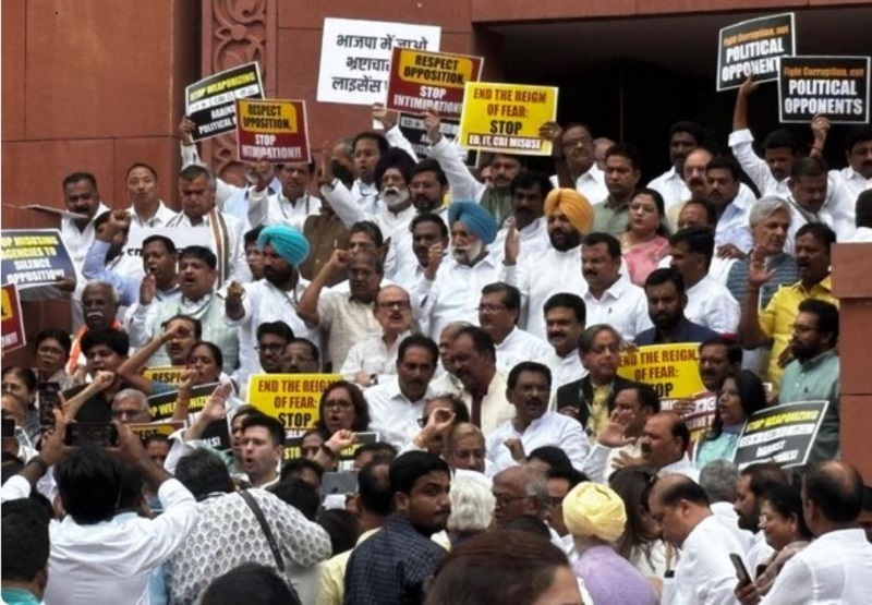 Opp MPs stage protest in Parliament premises against ‘misuse’ of ED, CBI by Centre