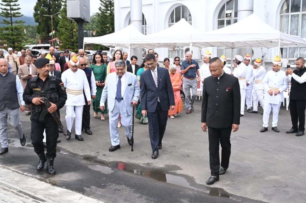 Ex-CJI Dr Chandrachud and Meghalaya HC Chief Justice IP Mukherjee with other Judges 