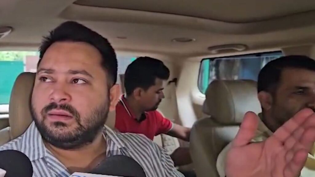 Tejashwi Yadav talking to reporters (Source: X)