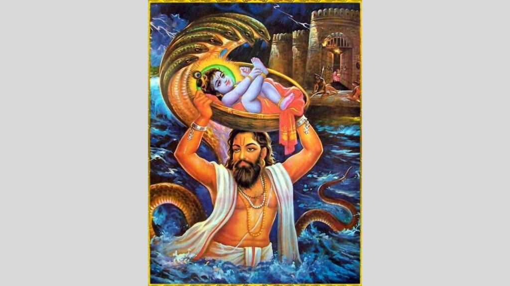 Vasudev with baby Krishna in basket wading through Yamuna to Gokul 