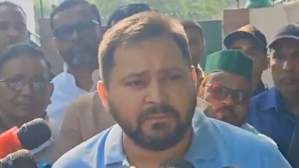 Tejashwi Yadav talks to reporters