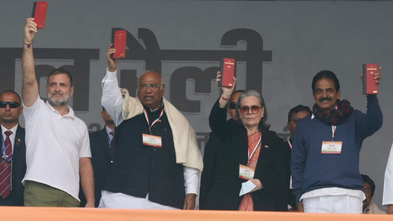 Congress President Mallikarjun Kharge, Sonia Gandhi, Leader of the Opposition in the Lok Sabha Rahul Gandhi, and senior leader KC Venugopal chair the party Karyakarta meeting during the ‘Maha Rally’ at Ramlila Maidan in Delhi. Congress President Mallikarjun Kharge, Sonia Gandhi, Leader of the Opposition in the Lok Sabha Rahul Gandhi, and senior leader KC Venugopal chair the party Karyakarta meeting during the ‘Maha Rally’ at Ramlila Maidan in Delhi.
