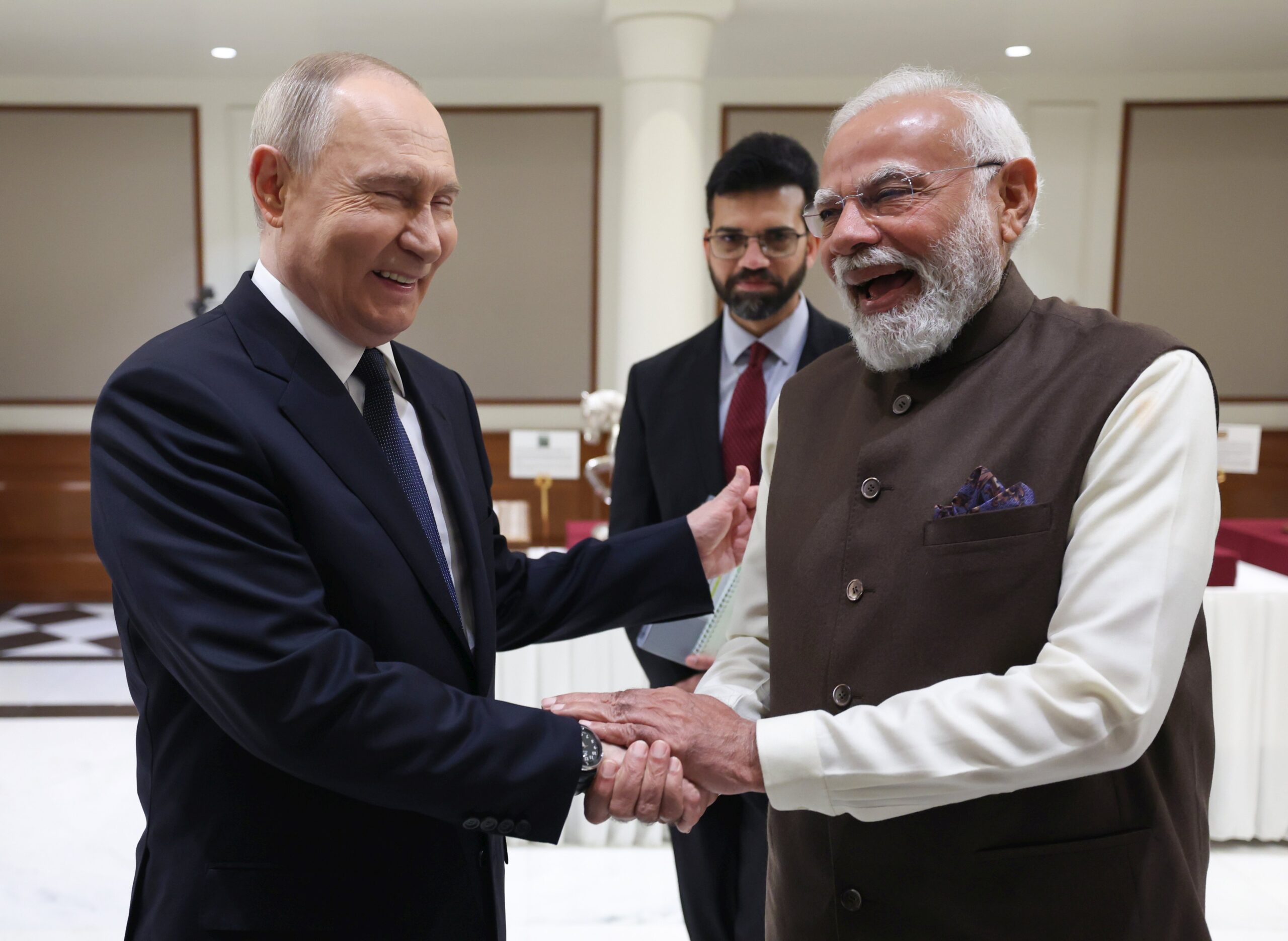 After arrival, Putin travelled with Modi in the same car, a white SUV,  to the Prime Minister’s official residence at 7, Lok Kalyan Marg. That evening, Modi hosted a private dinner for Putin, signalling a personal warmth and camaraderie as much as diplomatic respect.