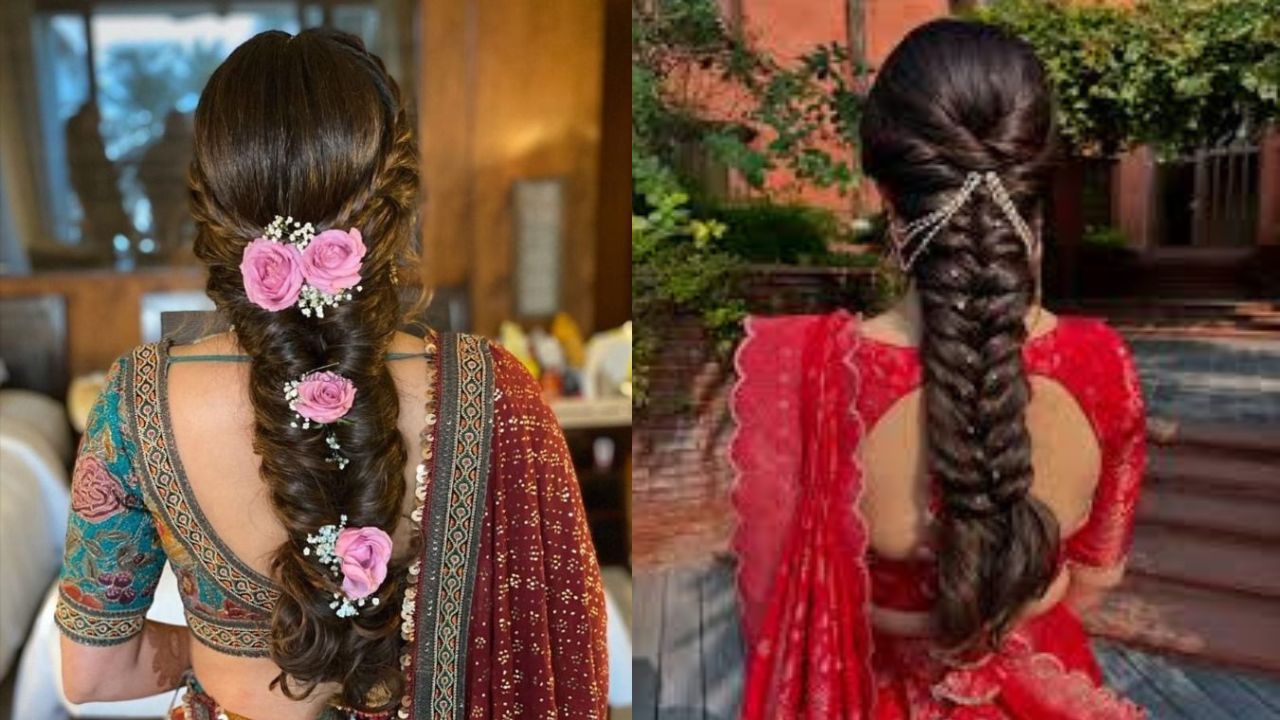 Fishtail Braid: A fishtail braid adds texture and uniqueness to any ethnic ensemble. Whether side-swept or down the back, it looks stylish with sarees and salwar suits alike. Fishtail Braid: A fishtail braid adds texture and uniqueness to any ethnic ensemble. Whether side-swept or down the back, it looks stylish with sarees and salwar suits alike.