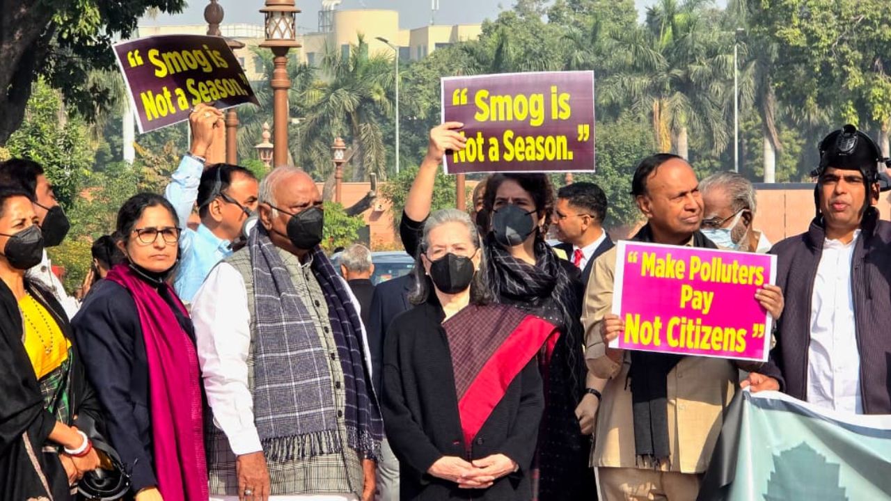 Opposition MPs protest against air pollution outside Parliament; Details here
