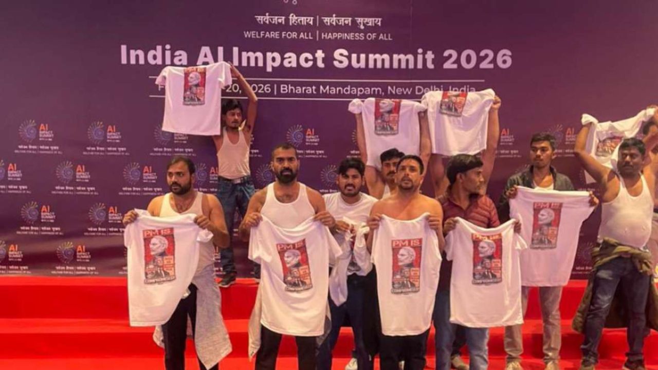 India AI Impact Summit: Congress workers stage protests, chant Anti-Modi slogans at Bharat Mandapam