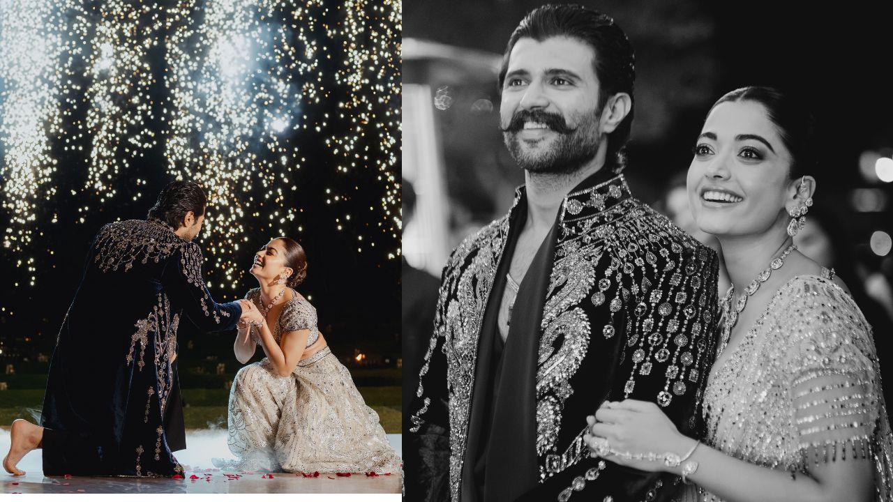 Rashmika-Vijay stun in royal silver-black outfits in glamorous sangeet night; Photos viral