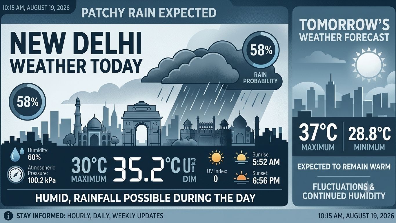 New Delhi Weather Today: Patchy Rain Expected, Temperature May Reach 35.2°C