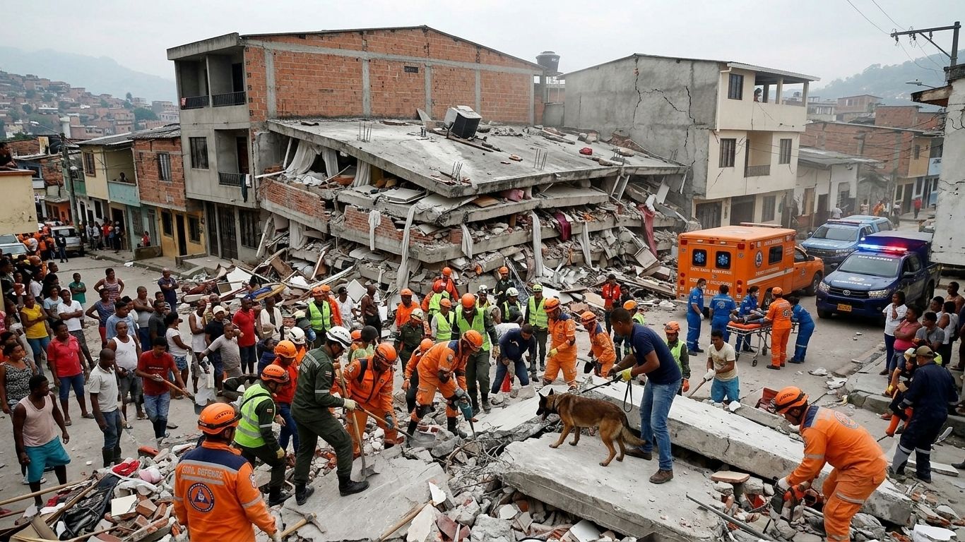 Massive devastation in Colombia from a 7.4 magnitude earthquake; over 47 dead, many trapped in rubble