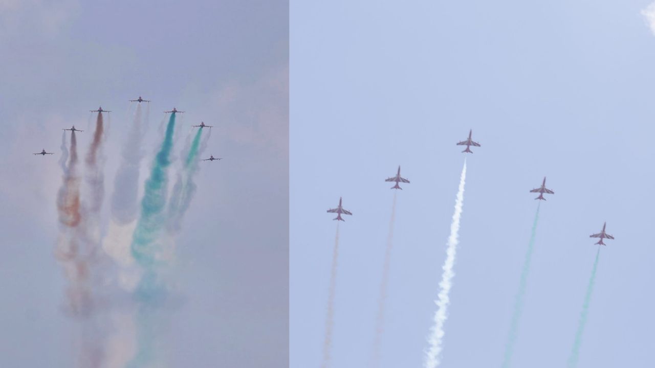 Suryakiran Air Show In Meerut Stuns Crowd As Nine Hawk Jets Paint Sky
