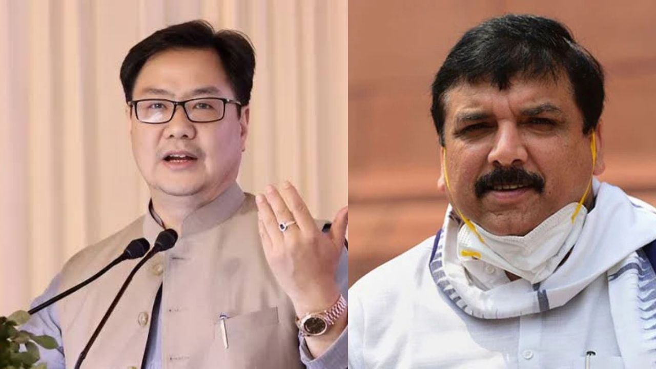‘Cong party flags with flags of PoK’: Kiren Rijiju Targets London Protest Over Pakistan Flags, AAP’s Sanjay Singh Hits Back