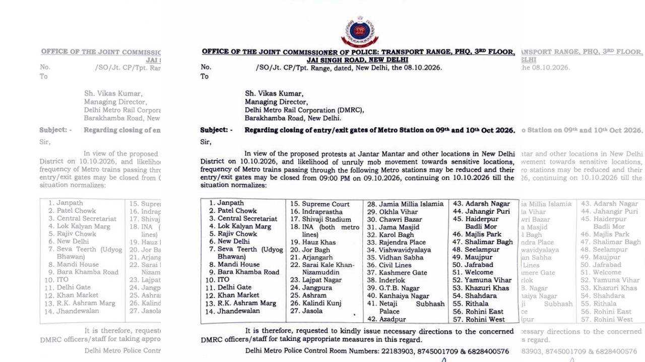 List of the closed Metro (Img: Notice of Delhi Police)