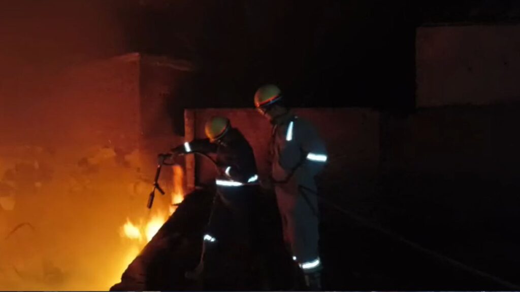 Firefighters tackling a blaze